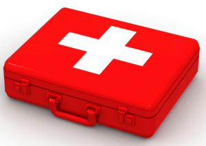 Close up of first aid kit on white background